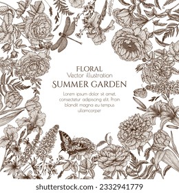 Vector frame summer garden with butterflies and dragonfly. Rose, lily, lupine, tulip, peony, periwinkle, buttercups, irises