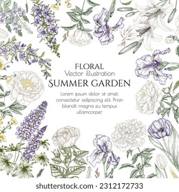 Vector frame summer garden in engraving style. Rose, lily, lupine, bluebells, tulip, peony, periwinkle, buttercups, irises, veronica