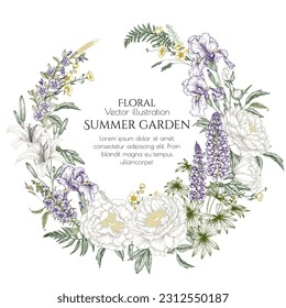 Vector enmarcó el jardín de verano con estilo de grabado. Lily, lupino, azulinas, peonía, peringule, mariposas, iris