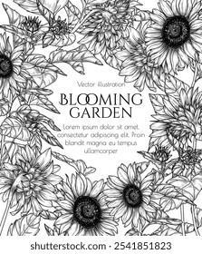 Vector frame with sunflower flowers in engraving style