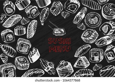 Vector frame with sushi illustrations on the black background