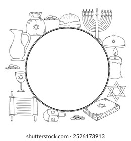 Vector frame with symbols of the Hanukkah holiday. Doodle-style illustration