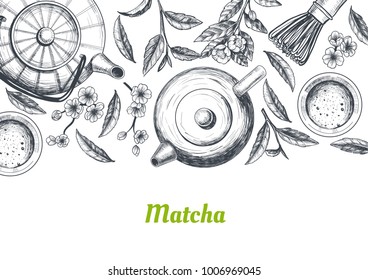 Vector frame with tea. Japanese tea ceremony. Matcha tea. Vintage style