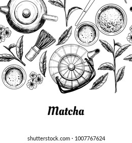 Vector frame with tea. Japanese tea ceremony. Matcha tea. Vintage style