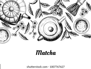 Vector frame with tea. Japanese tea ceremony. Matcha tea. Vintage style
