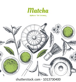 Vector frame with tea. Japanese tea ceremony. Matcha tea. Vintage style