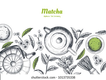 Vector frame with tea. Japanese tea ceremony. Matcha tea. Vintage style