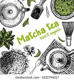 Vector frame with tea. Japanese tea ceremony. Matcha tea.