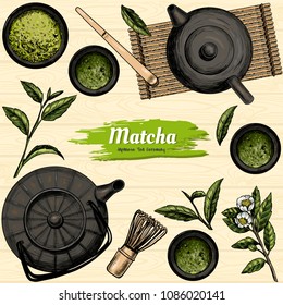 Vector frame with tea. Japanese tea ceremony. Matcha tea. Vintage style