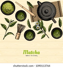 Vector frame with tea. Japanese tea ceremony. Matcha tea. Vintage style