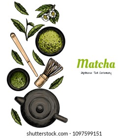 Vektorrahmen mit Tee. Japanische Teezeremonie Matcha-Tee. Vintage