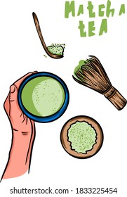 Marco vectorial con té. Ceremonia japonesa del té. Juego de té Matcha. Objeto aislado.