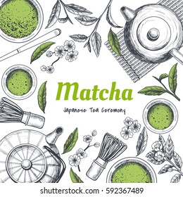 Vector frame with tea. Japanese tea ceremony. Matcha tea. Vintage style