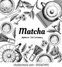 Vector frame with tea. Japanese tea ceremony. Matcha tea. Vintage style