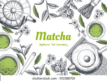 Vector frame with tea. Japanese tea ceremony. Matcha tea. Vintage style