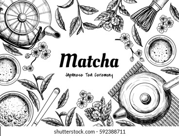 Vector frame with tea. Japanese tea ceremony. Matcha tea. Vintage style