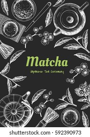 Vector frame with tea. Japanese tea ceremony. Matcha tea. Vintage style
