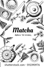 Marco vectorial con té. Ceremonia japonesa del té. Té Matcha. Estilo vintage