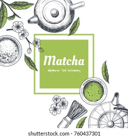 Vector frame with tea. Japanese tea ceremony. Matcha tea. Vintage style