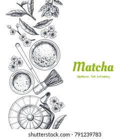 Vector frame with tea. Japanese tea ceremony. Matcha tea. Vintage style