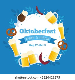 Vector frame template banner invitation for Oktoberfest. Autumn beer festival illustration. Beer mug on blue background with traditional colors flags. Greeting card for social media.