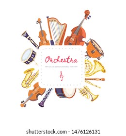 Vector frame template for a concert poster, musical party, card, flyer or website. Classical string, wind and percussion musical instruments. Isolated objects. White background