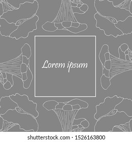 Vector frame template with empty space for text editing. Fantasy forest mushrooms. White outline on light gray background
