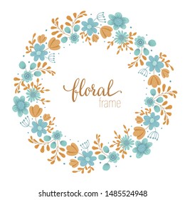 Vector frame template with flat hand drawn trendy wild flowers on white background. Square layout card with place for text. Floral design for invitation, wedding, party, promo events.