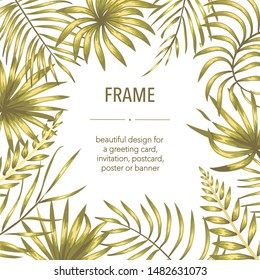 Vector frame template with golden tropical leaves and flowers with white place for text. Square layout card with place for text. Autumn design for invitation, wedding,  party,  promo events
