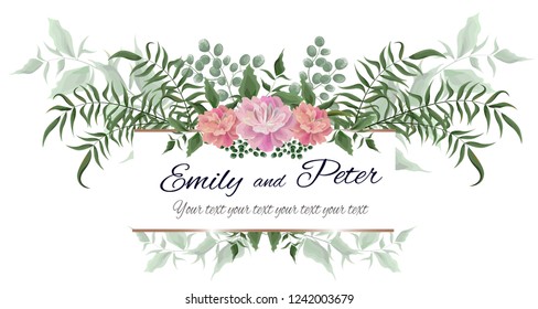 Vector frame, a template for the invitation. Green leaves, twigs and peony flowers. All elements are isolated.