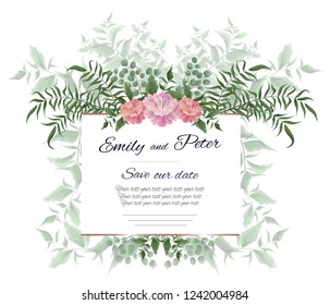 Vector frame, a template for the invitation. Green leaves, twigs and peony flowers. All elements are isolated.