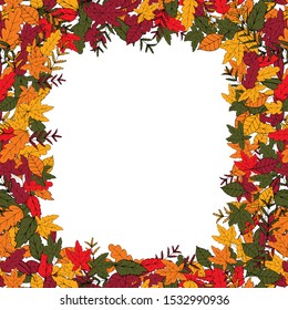 Vector frame. Template. Pattern of autumn falling leaves on a white background. Golden autumn. Indian summer. September. October. November. Stock vector illustration. Postcard.