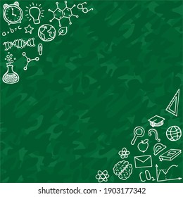 
Vector frame template with school symbols. Physics, chemistry, biology, geography, mathematics and other school subjects. Science elements are drawn on blackboard with a line. Background for kids