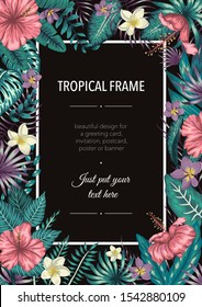 Vector frame template with tropical green leaves and purple flowers on black background. Vertical layout card with place for text. Spring or summer design for invitation, wedding, party, promo events