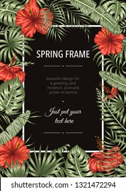 Vector frame template with tropical leaves and flowers on black background. Vertical layout card with place for text. Spring or summer design for invitation, wedding, party, promo events