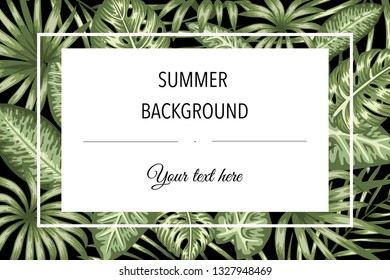 Vector frame template with tropical leaves on black background with white place for text. Horizontal layout card. Spring or summer design for invitation, wedding, party, promo events