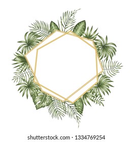 Vector frame template with tropical leaves and golden chain with white place for text. Square layout card with place for text. Spring or summer design for invitation, wedding, party, promo events