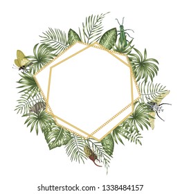 Vector frame template with tropical leaves, insects and golden chain with white place for text. Square layout card with place for text. Spring or summer design for invitation, wedding, party, promo