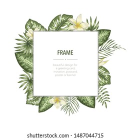 Vector frame template with tropical leaves and flowers with white place for text. Square layout card with place for text. Spring or summer design for invitation, wedding,  party,  promo events