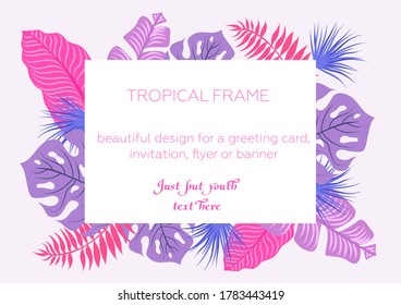 Vector frame template with tropical leaves: monstera, palm, banana. Horizontal card layout with place for text. Spring or summer design for invitation, wedding, party