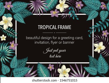 Vector frame template with tropical white and purple leaves and flowers on black background. Horizontal layout card with place for text. Spring or summer design for invitation, wedding, party
