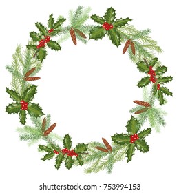 Vector frame for text. Christmas wreath with branches of spruce and holly.
