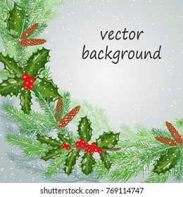 Vector frame for text. Christmas wreath with branches of spruce and holly.