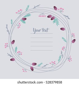 Vector frame for text. Doodle illustration with branches, berries, pine cones for postcard, invitation, decor