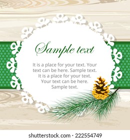 Vector frame for text with a gold cone on a green pine branch