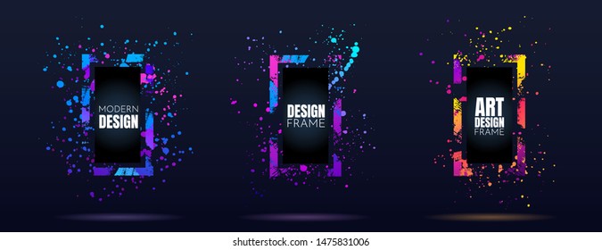 Vector frame for text. Modern Art graphics. Dynamic frame stylish geometric black background. Element for design business cards, invitations, gift cards, flyers and brochures. Distruction color paint