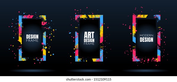 Vector frame for text. Modern Art graphics. Dynamic frame stylish geometric black background. Element for design business cards, invitations, flyers and brochures. Paint splash