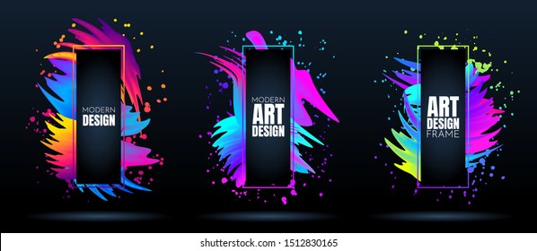 Vector frame for text. Modern Art graphics. Dynamic frame stylish geometric black background. Element for design business cards, invitations, flyers and brochures. Festive 3d brush. Paint splash