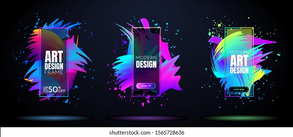 Vector frame for text. Modern Art graphics. Dynamic frame stylish geometric black background. Element for design cover, invitations, gift cards, flyer, voucher and brochures.  Bright color banners set