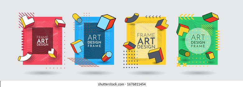Vector frame for text. Modern Art graphic. Dynamic frame stylish geometric background. Element for design invitations, gift cards, flyers, posters, book covers, banners. Memphis pattern with 3d effect